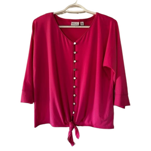 Kim Rogers Blouse Button Down Tie Front Top Pink Polyester Spandex EUC